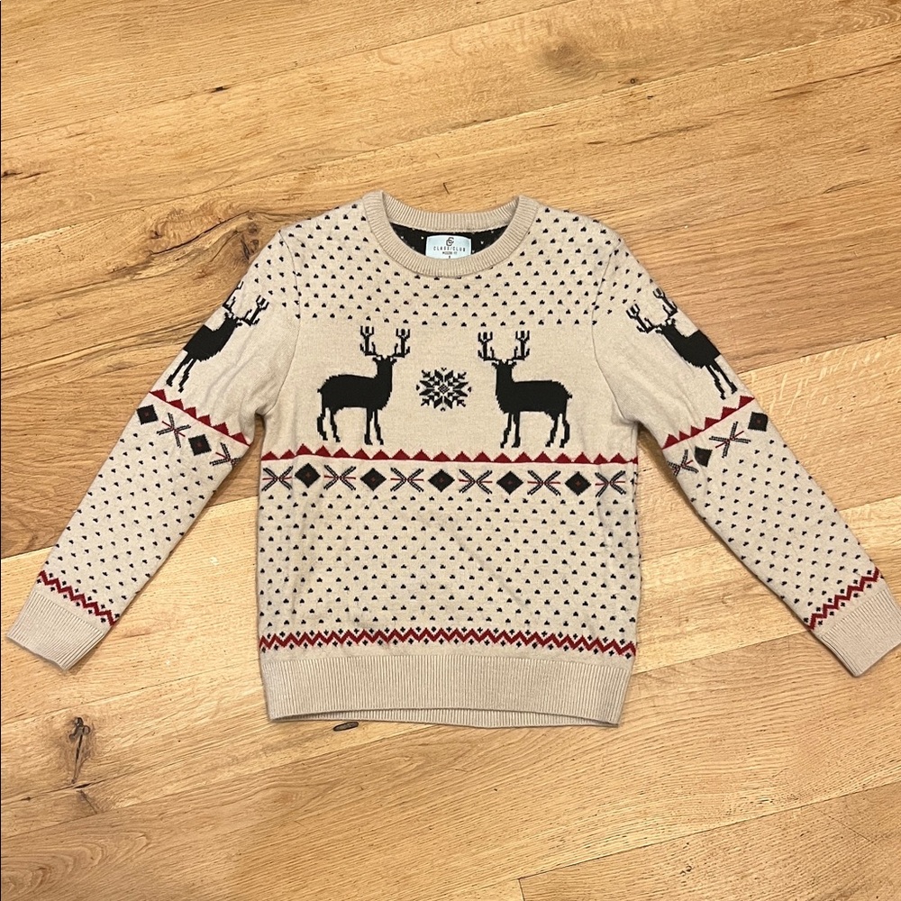 Boys Class Club Beige Reindeer Crewneck Sweater